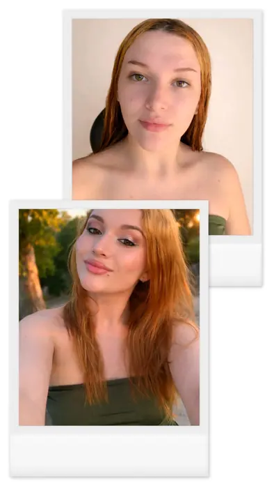 Antes e depois de maquiagem profissional feita por Adriana Oliveira